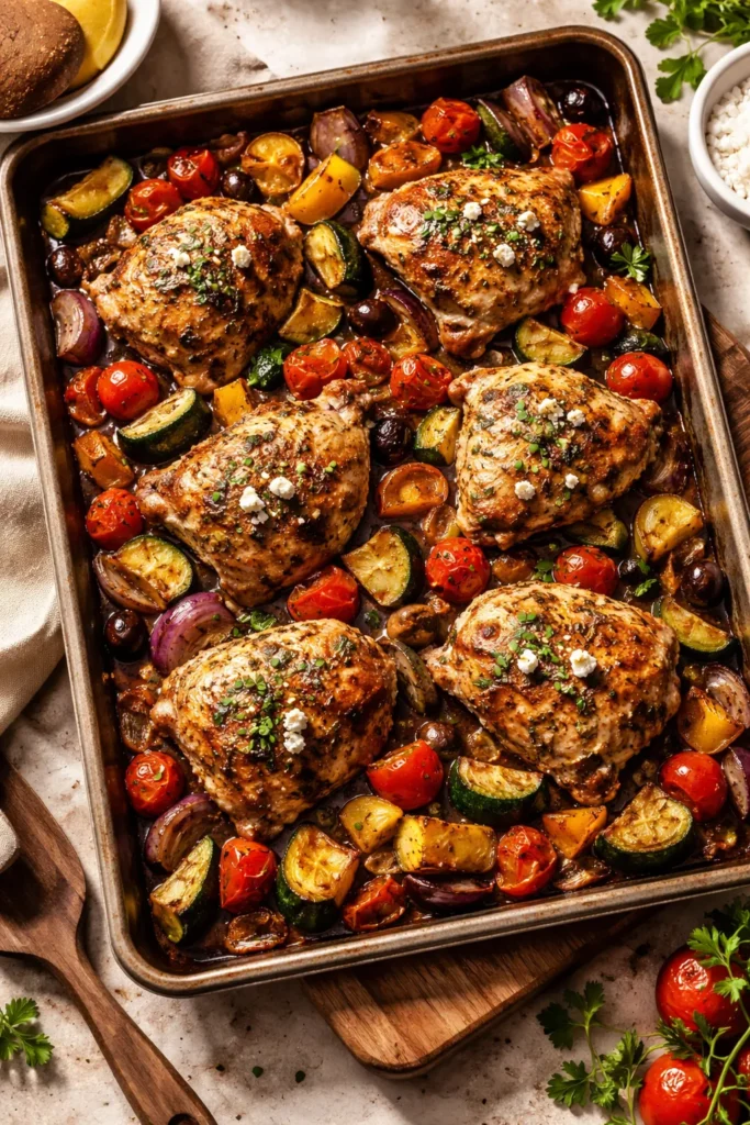 Sheet pan Greek chicken thighs with roasted vegetables