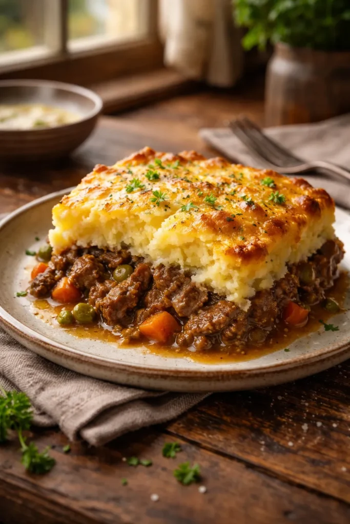 8 Rainy Day Recipes for Cozy Comfort 7 Close-up of shepherd's pie slice with golden mashed potato crust