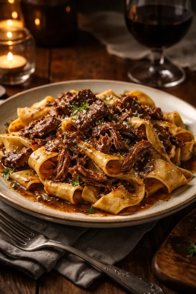 Close-up of Short Rib Pappardelle on a rustic plate with braised meat