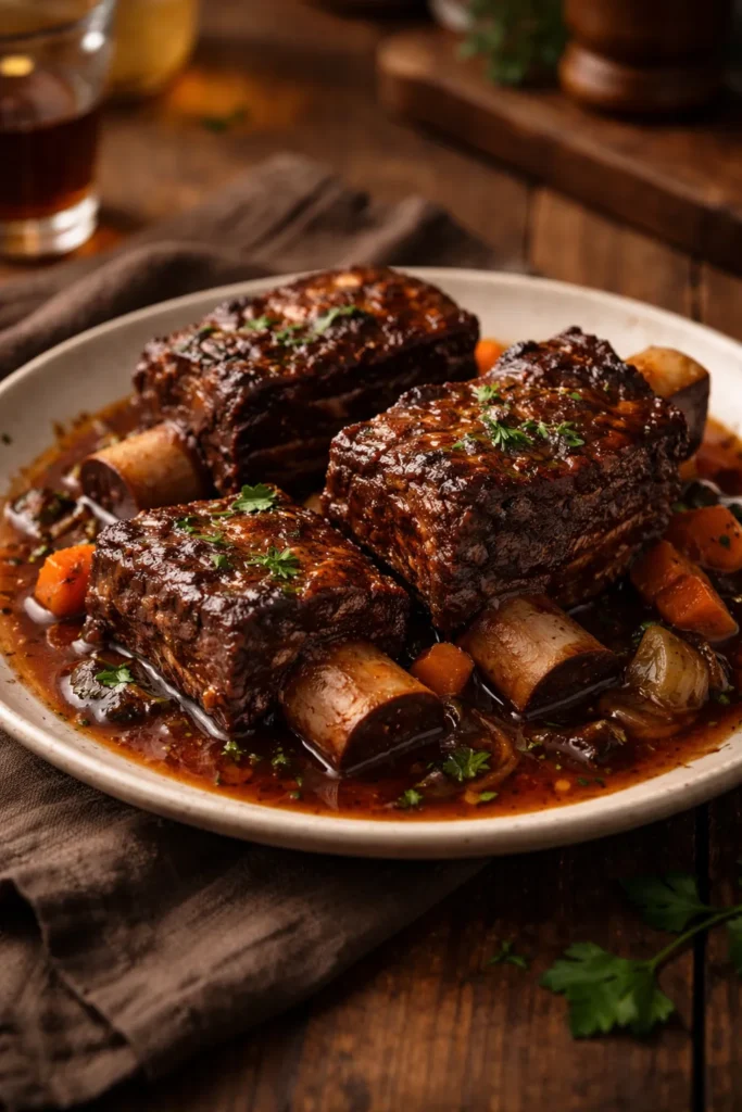 12 Easy Weekend Dinners for a Chill Night 7 Close-up of bone-in short ribs in glossy braise on rustic plate