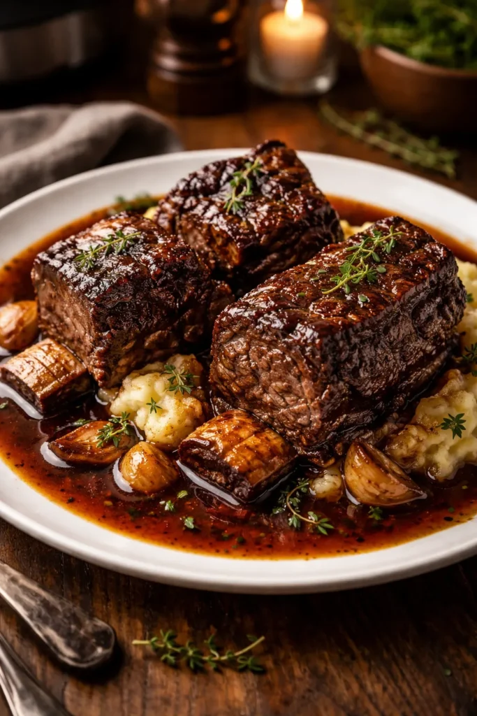 Close-up of braised beef short ribs in glossy sauce on a plate