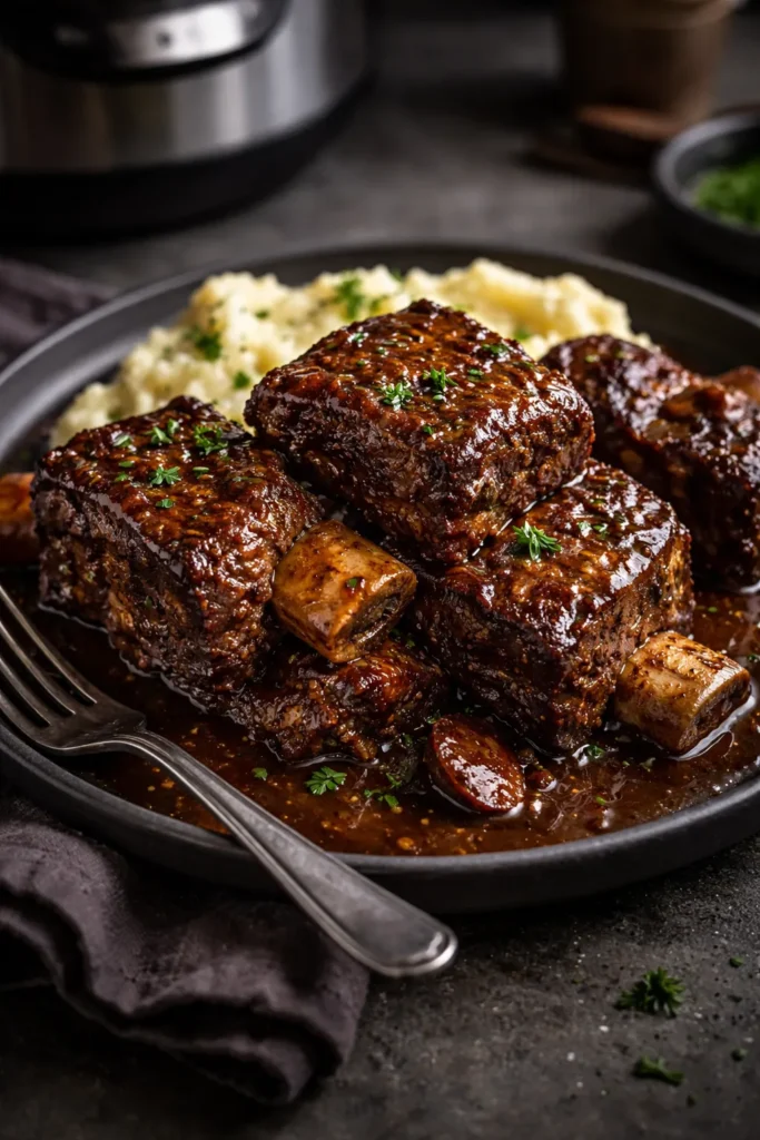 10 Pressure Cooker Recipes for Beginners 9 Braised short rib on a dark plate with glossy sauce