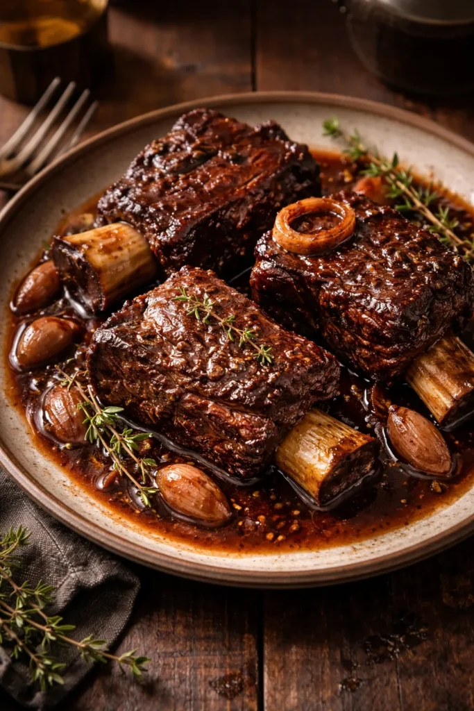 10 Slow Cooker Beef Recipes Fork-Tender 7 Close-up of bone-in beef short ribs in glossy red wine sauce on a rustic plate