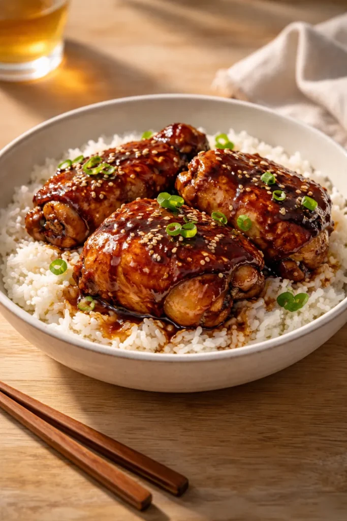 Shoyu chicken over rice in a plain bowl with glossy soy glaze