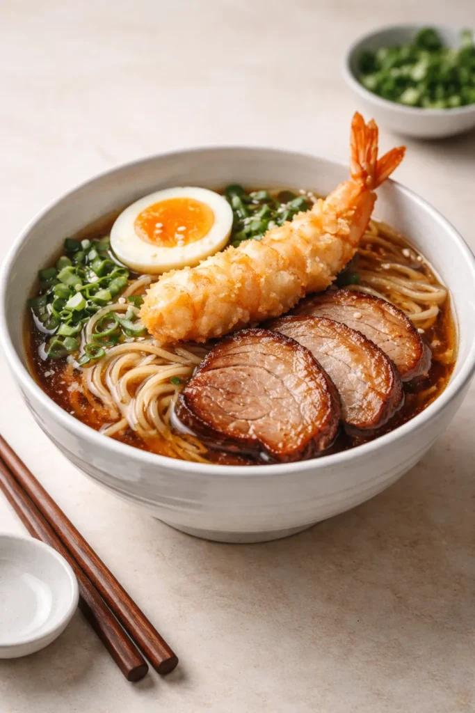 Close-up of pork shoyu ramen with braised chashu and shrimp tempura in a bowl.