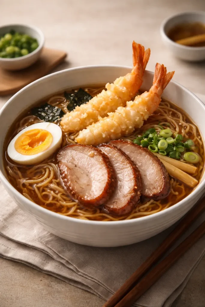 Ramen bowl with chashu pork and shrimp tempura in shoyu broth.