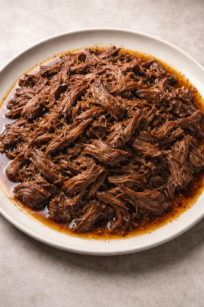 10 Slow Cooker Beef Recipes Fork-Tender 3 Shredded beef on plate with braising juices