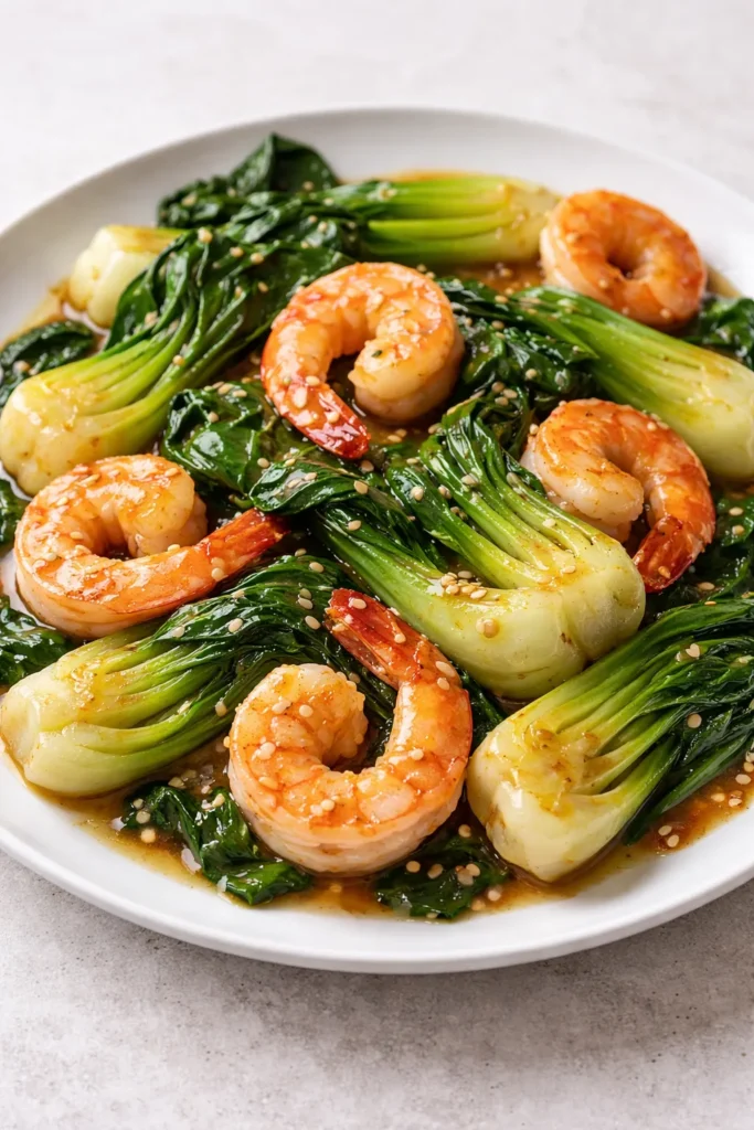 Shrimp and bok choy stir fry on plate
