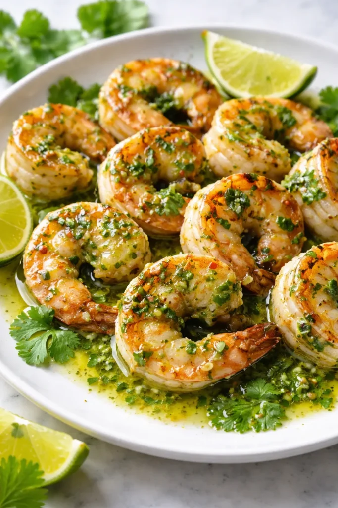 8 Skillet Dinners Ready in 20 Minutes 4 Close-up of shrimp with cilantro sauce on a plate.