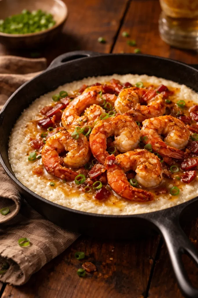 12 Classic American Dinners Everyone Loves 4 Creamy grits with seared shrimp and bacon in a cast-iron skillet