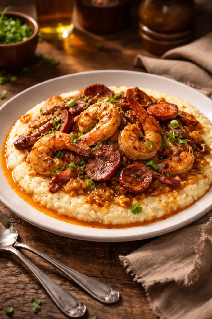 Shrimp over creamy grits with Cajun sauce and sausage
