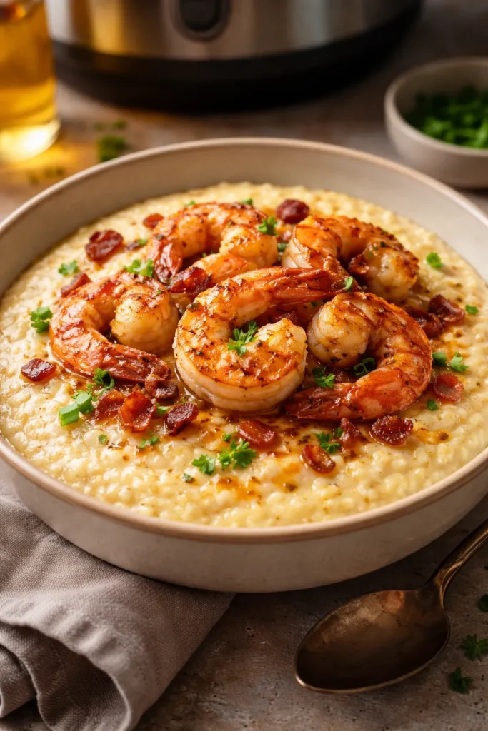 Creamy grits bowl with large shrimp on top
