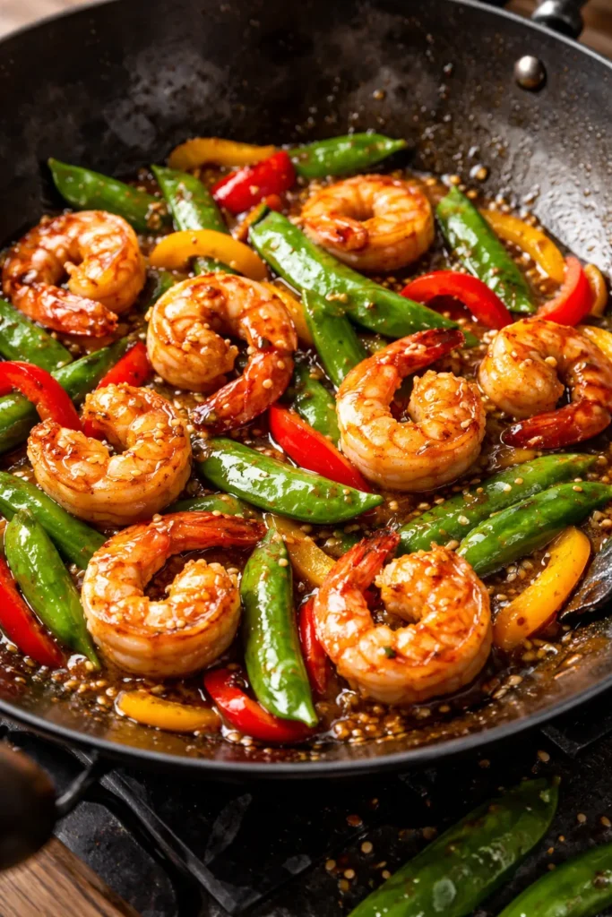 Shrimp with honey garlic glaze, snap peas and peppers