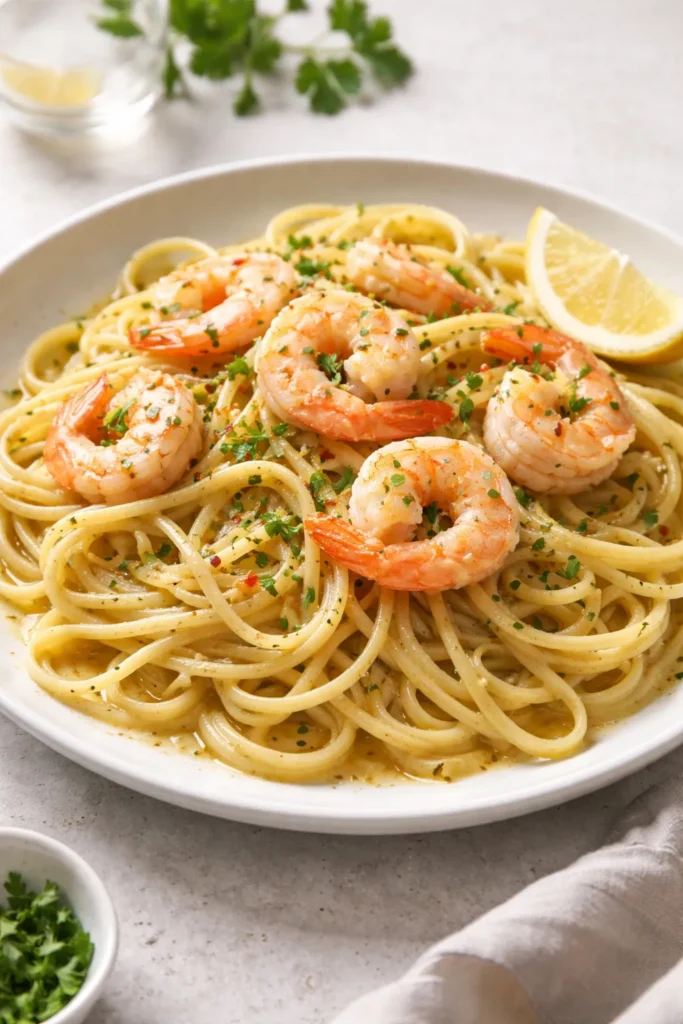 Close-up of shrimp scampi with linguine in glossy garlic butter sauce on white plate