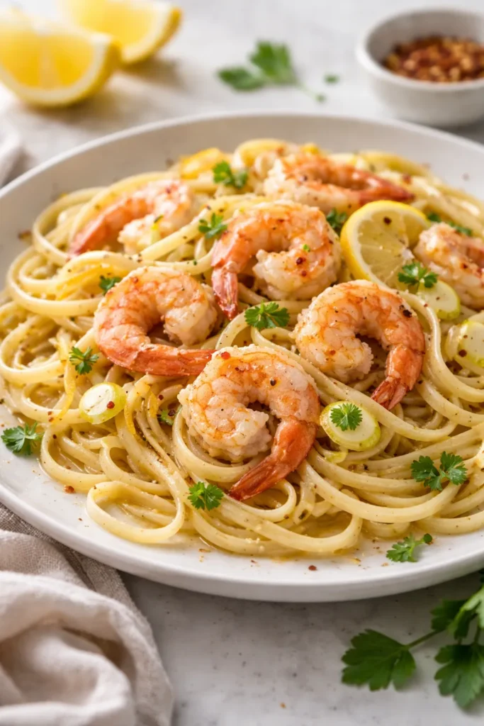 Close-up of Shrimp Scampi Linguine plated with garlic butter and lemon zest