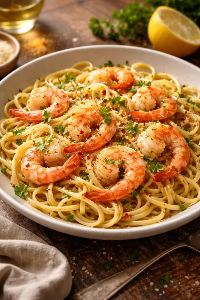 Close-up of Shrimp Scampi Linguine in butter garlic sauce on a rustic plate