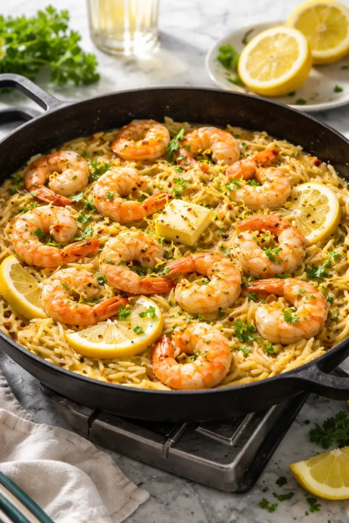 8 Mediterranean Dinner Recipes for Weeknights 9 Shrimp and orzo in lemon garlic sauce in a skillet