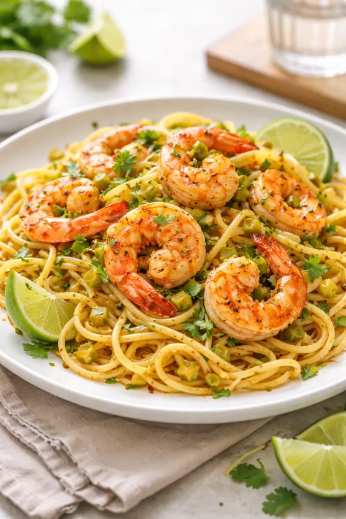 8 Skillet Dinners Ready in 20 Minutes 8 Plate of spicy Mexican shrimp pasta with shrimp and cilantro