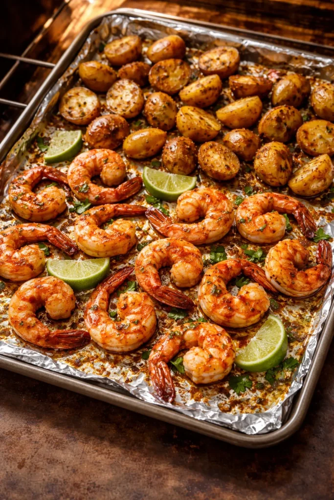 10 Sheet Pan Dinners With Almost No Cleanup 9 Chipotle lime shrimp with potatoes on a sheet pan.