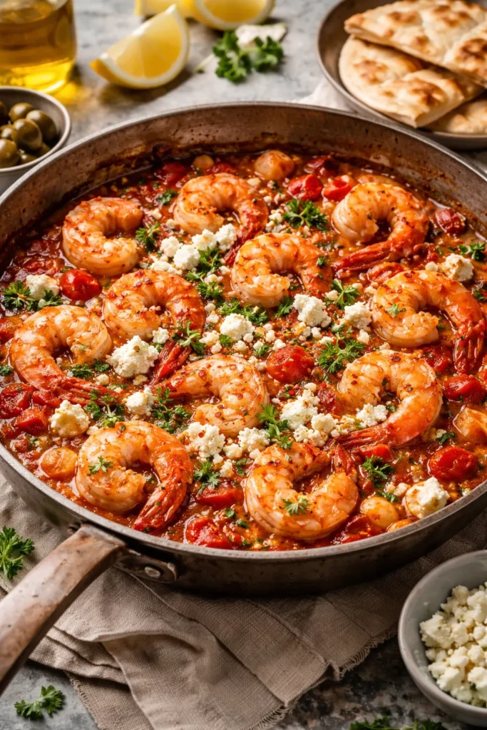 8 Mediterranean Dinner Recipes for Weeknights 5 Shrimp saganaki in a skillet with tomato sauce and feta