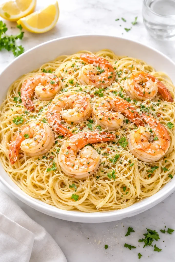 10 Shrimp Scampi Recipes to Try Tonight 3 Angel hair pasta with shrimp in garlic butter sauce and parmesan on a white bowl