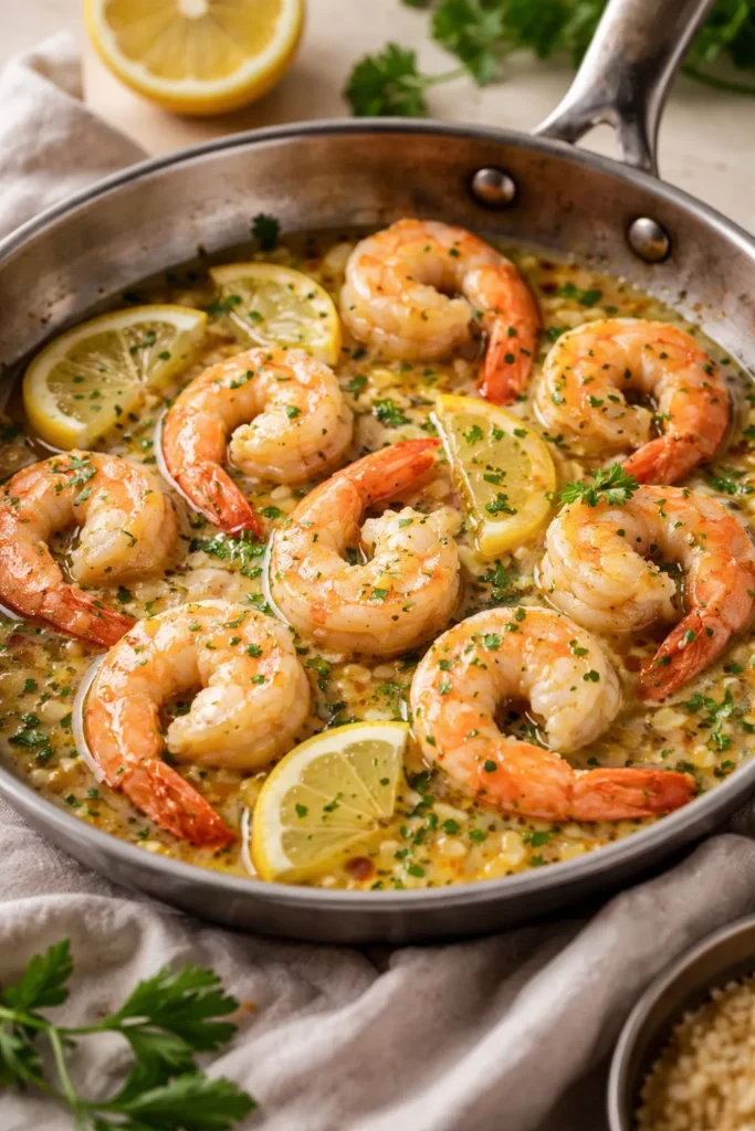 10 Shrimp Scampi Recipes to Try Tonight 7 Close-up shrimp scampi in a skillet with glossy sauce using chicken broth