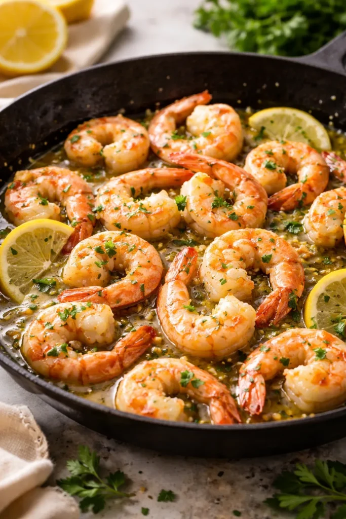 10 Shrimp Scampi Recipes to Try Tonight 1 Close-up of jumbo shrimp in garlic butter sauce with lemon and parsley in a skillet