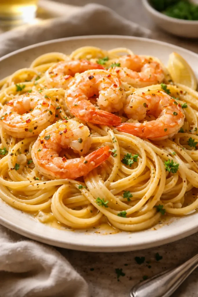 12 Easy Pasta Dinners Better Than Takeout 8 Plated shrimp scampi pasta with shrimp and glossy sauce