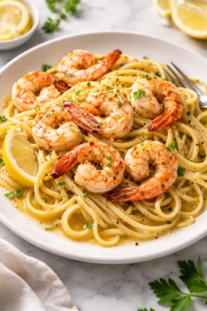 Shrimp scampi with pasta in garlic butter sauce on plate