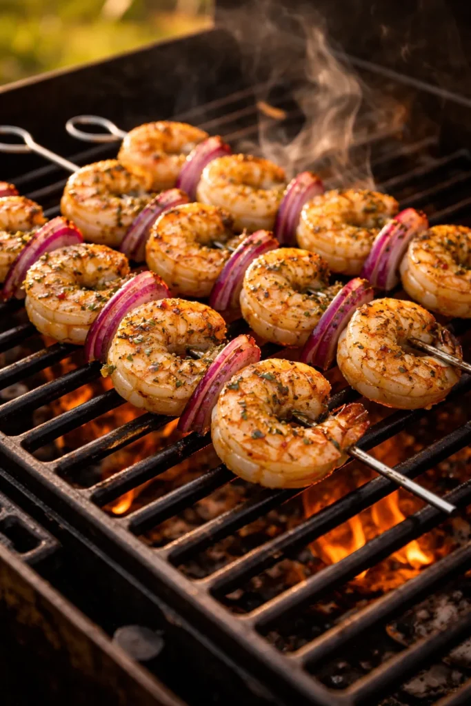 8 Grilled Dinners for a Summer Night 1 Close-up of grilled oregano shrimp skewers with red onion on a grill