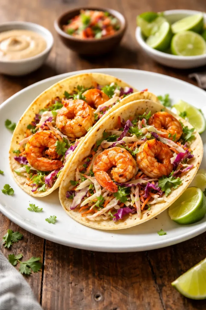 12 Mexican Dinner Recipes for Taco Night 7 Two shrimp tacos with chipotle slaw on a plate