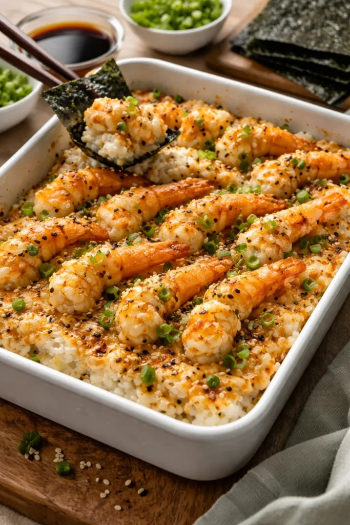Close-up of Shrimp Tempura Sushi Bake with crispy shrimp and creamy rice base.