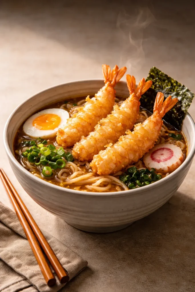 Close-up of Classic Shrimp Tempura Ramen in a white bowl with crispy shrimp tempura on top.