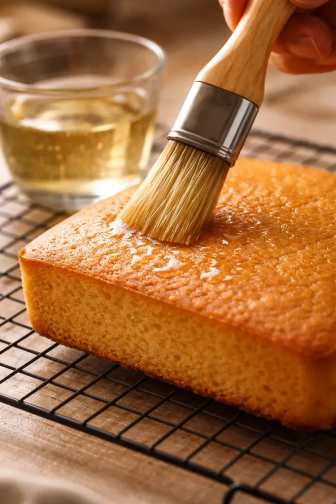 How to Bake Perfectly Moist Cakes Every Time 9 Pastry brush applying simple syrup to warm cake