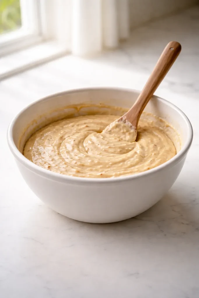Close-up of a single bowl with muffin-bread batter and a spatula for minimal-cleanup method