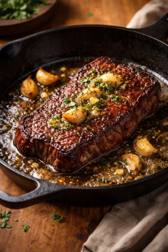 10 Easy Steak Dinners for Any Weeknight 1 Close-up of pan-seared sirloin with garlic butter in a cast-iron skillet