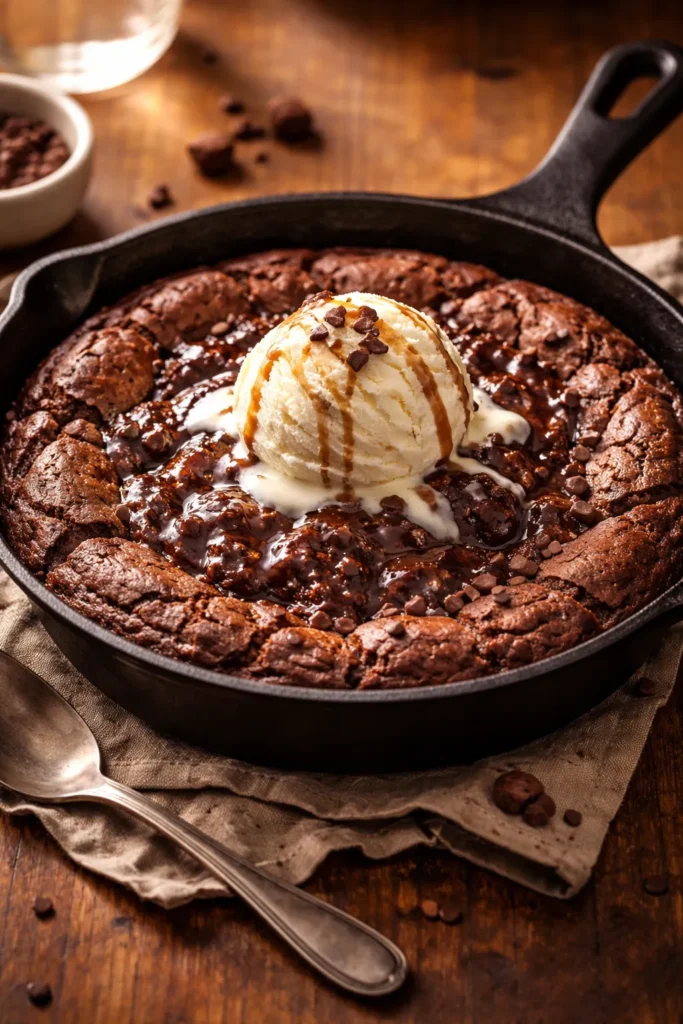 8 Quick Desserts When You Want Something Sweet 7 Close-up of skillet brownie with melting vanilla ice cream in a cast-iron skillet