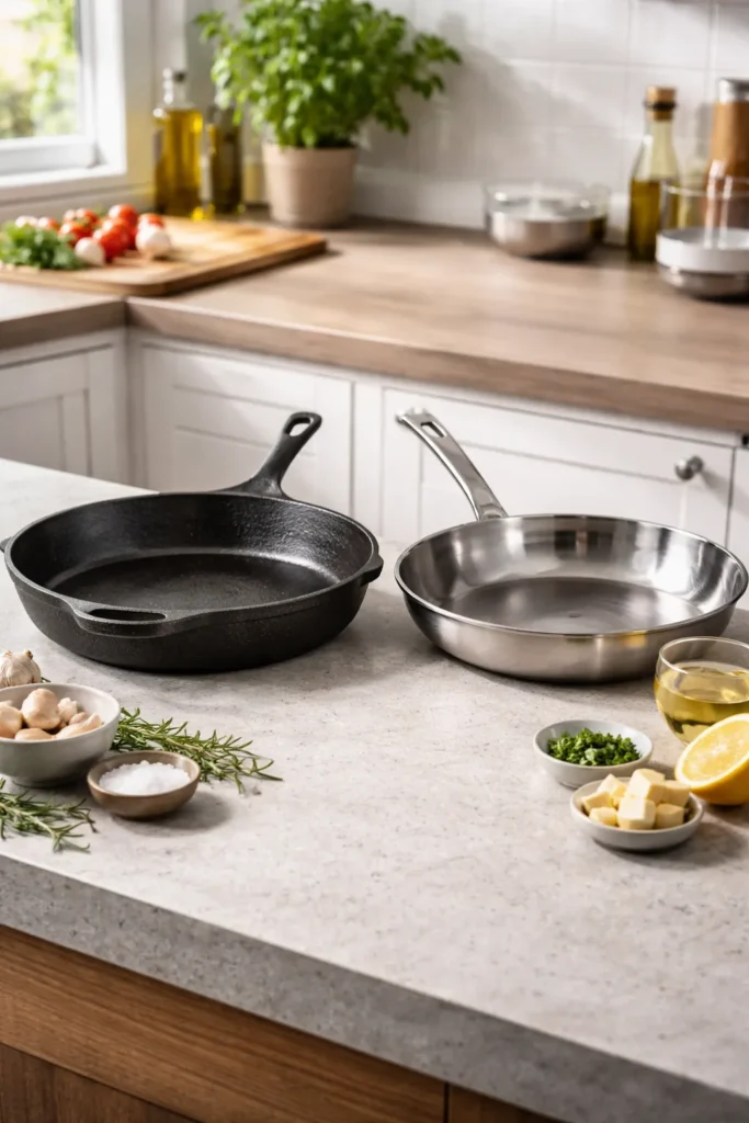 8 Skillet Dinners Ready in 20 Minutes 11 Cast iron and stainless steel skillets on counter