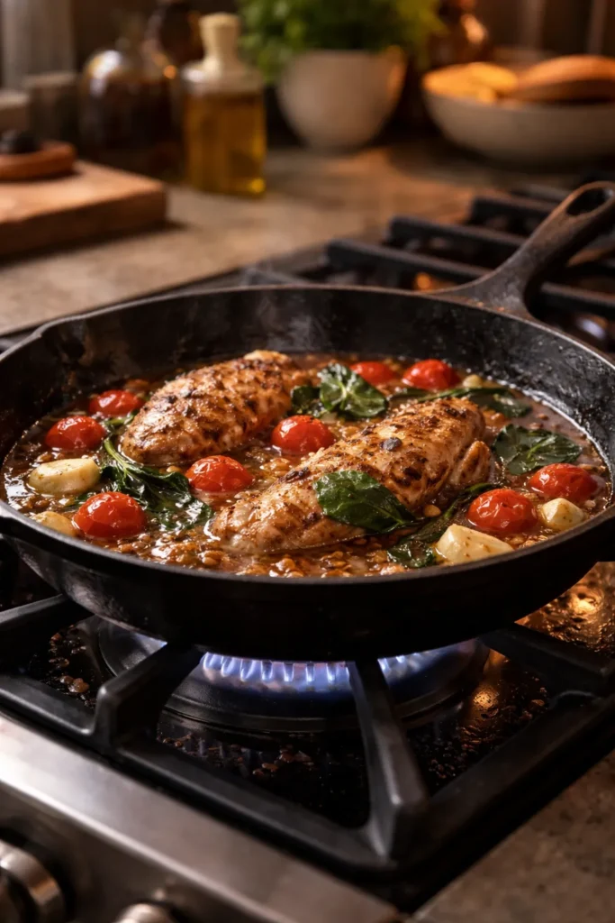 8 Skillet Dinners Ready in 20 Minutes 1 Close-up of a cast iron skillet searing on a stove with fond and sear marks.