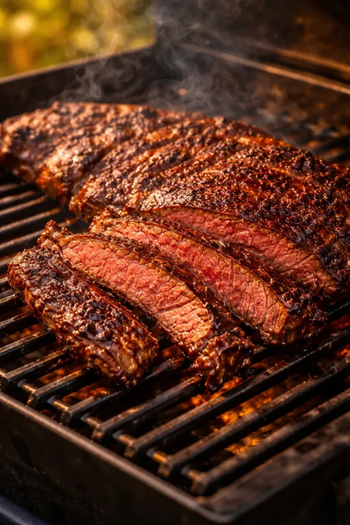 8 Grilled Dinners for a Summer Night 5 Skirt steak with caramelized crust from beer marinade on grill