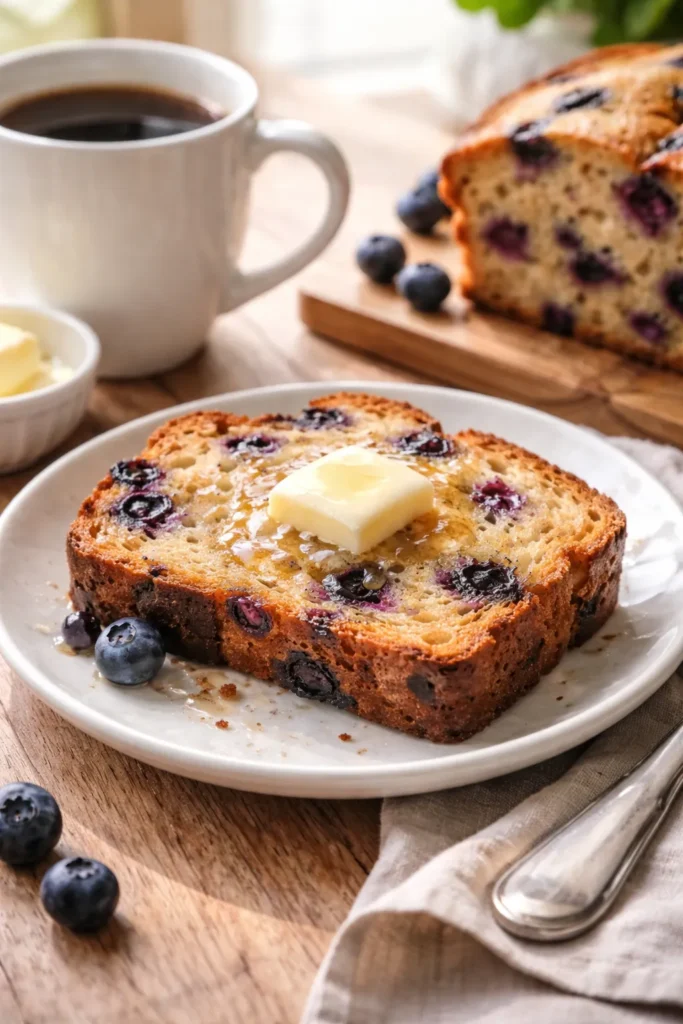 Moist Blueberry Muffin Bread for Coffee Time 15 Toasted blueberry muffin bread slice with melting butter and coffee