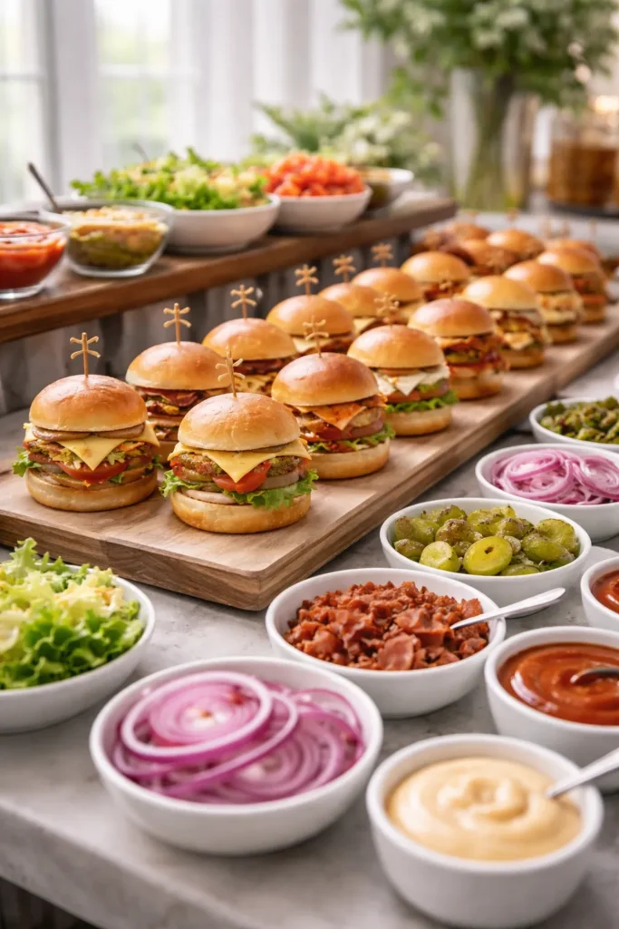 8 Wedding Reception Food Ideas on a Budget 5 Slider station with mini burgers and toppings at a wedding