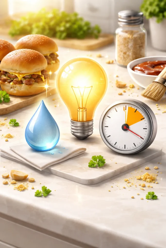 8 Slider Recipes for Parties and Game Night 9 Abstract icons representing tips for slider recipes: lightbulb, clock, and droplet