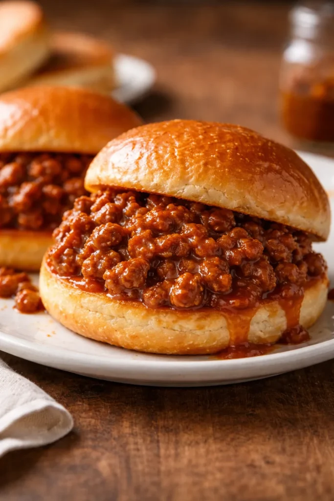 Close-up of sloppy joes on a toasted bun