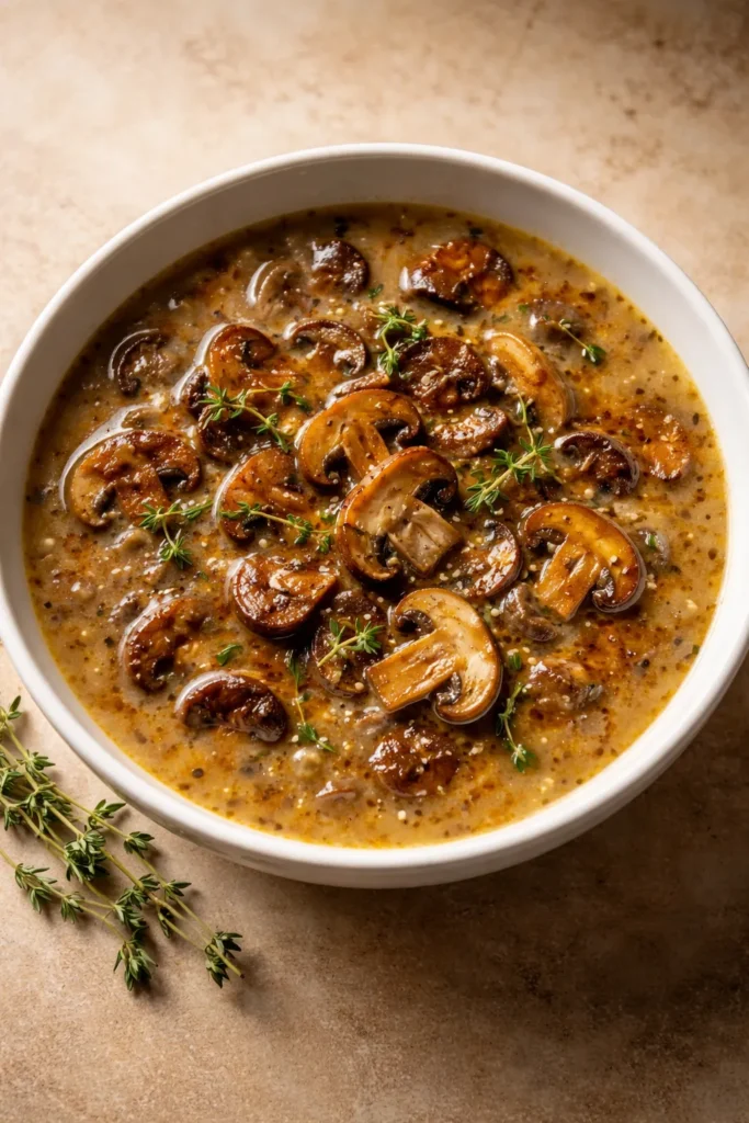 Top-down view of slow caramelized mushroom soup with thyme and garlic in a bowl