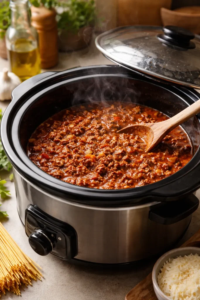 8 Spaghetti Bolognese Recipes to Try Tonight 7 Close-up of a slow cooker with rich bolognese sauce visible inside and steam rising