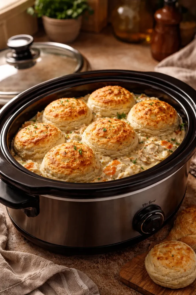 10 Chicken and Biscuit Dinners for Cozy Nights 8 Slow cooker with open lid showing chicken filling and biscuit tops