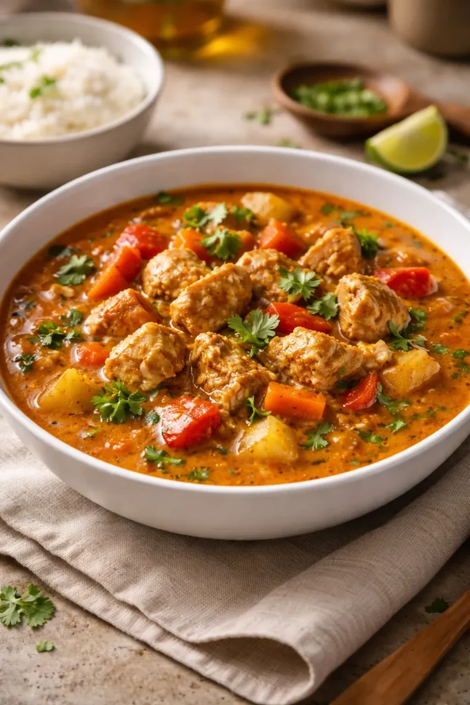 8 Batch Cooking Recipes for Easy Weeknights 8 Creamy slow cooker chicken curry in a white bowl with coconut milk and vegetables