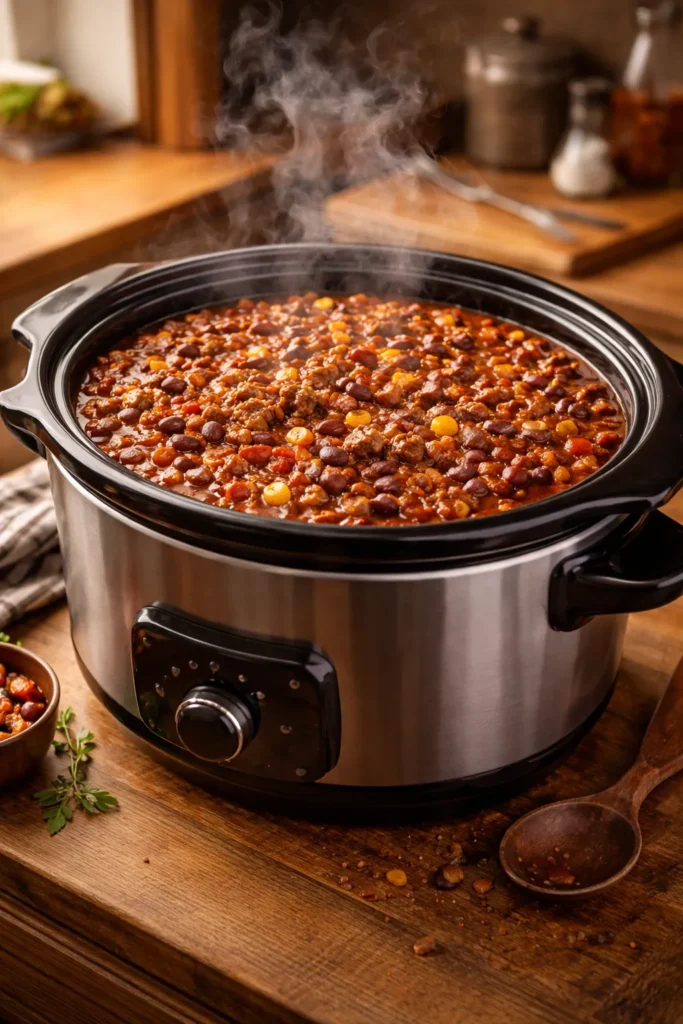 Slow cooker filled with chunky cowboy chili, steam rising from the glass lid.