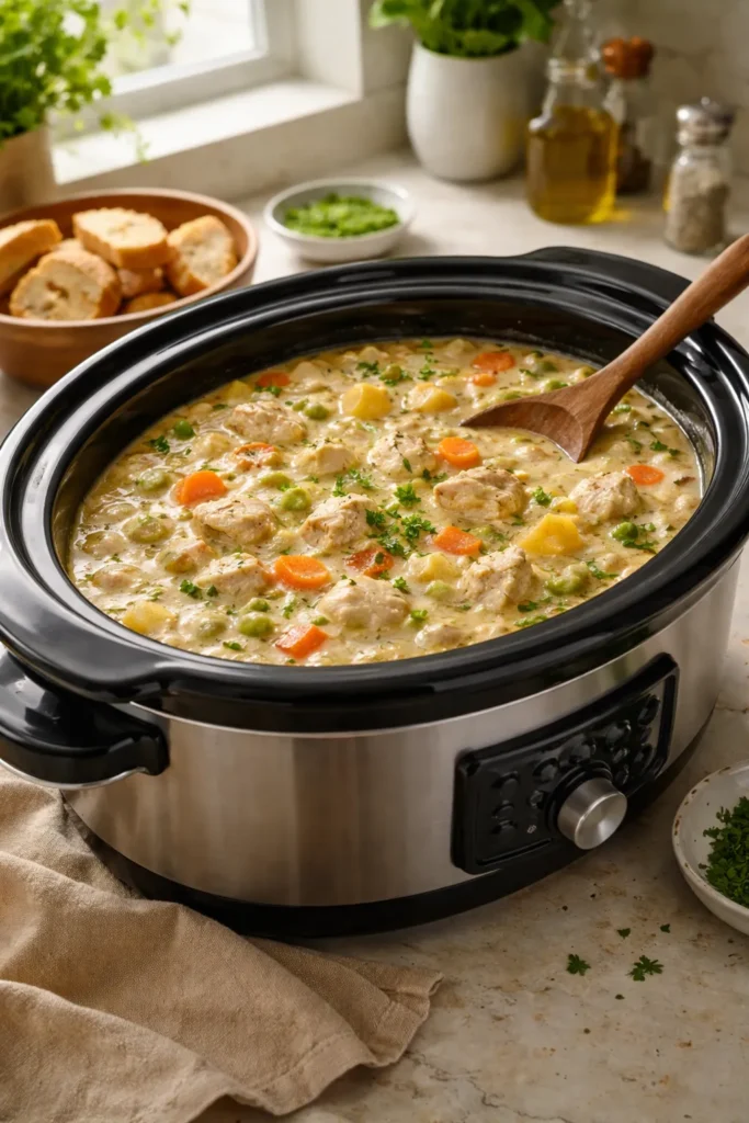 Slow cooker filled with creamy chicken stew on a kitchen counter.